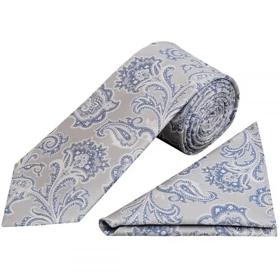 Handmade Silver And Blue Paisley Classic Men's Tie And Pocket Square Set Wedding • £13.99