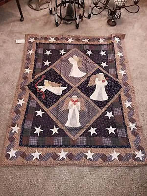 VINTAGE CHRISTMAS ANGEL Quilt / Throw 50x 60  Stars Blue Plaid 1994 READ • $15.95