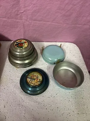 Vintage Aluminum Round Powder Boxes & Parts Blue Colonial Couple Art Deco • $6