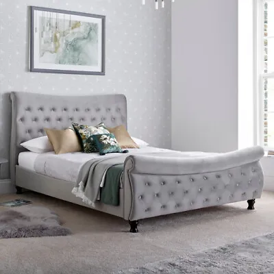 £709.98 • Buy Sleigh Bed, Oxford Grey Velvet Fabric Sleigh Bed, 3 Sizes And 4 Mattress Options