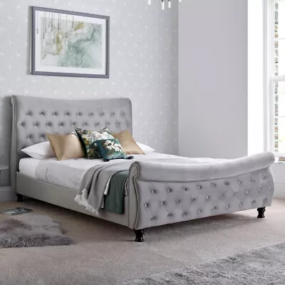 £709.98 • Buy Sleigh Bed, Oxford Grey Velvet Fabric Sleigh Bed, 3 Sizes And 4 Mattress Options