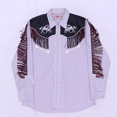 C4761 VTG Authentica Vaquera Tejas Horse Embroidered Fringe Pearl Snap Shirt  L • $19.99