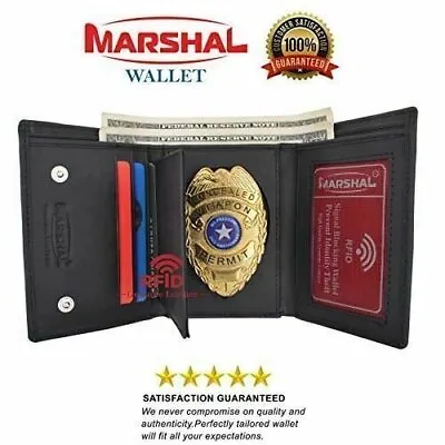 $17.99 • Buy Genuine Leather RFID Blocking Police Badge Holder Trifold Wallet Black With Snap