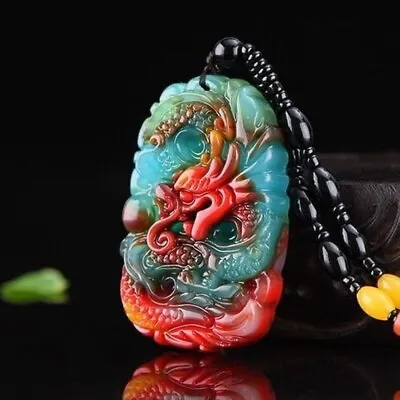 Men's Pendant Necklace Jewelry Carving Amulet Gift Genuine Jade Dragon • £13.86