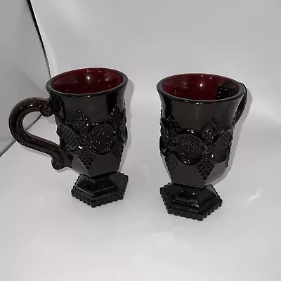 VINTAGE AVON 1876 CAPE COD COLLECTION RUBY RED GLASS 6oz. PEDESTAL MUGS Set Of T • $5