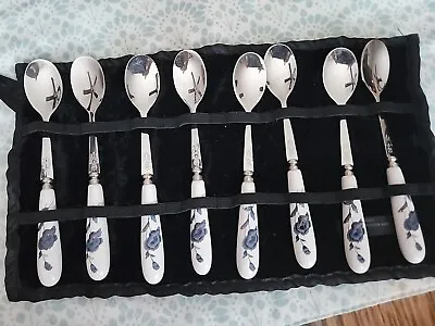 Vintage Set Of 8 Porcelain Handled Coffee Tea Spoons Stainless Steel W/case • $19.99