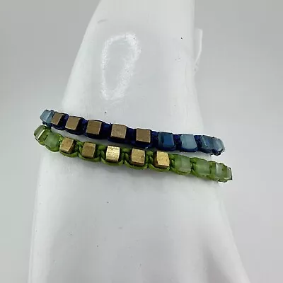 6.5” Green & Blue Macrame Chord Gold Tone Green Blue Glass Metal Bracelets • $10