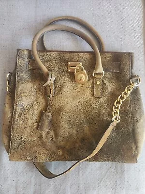 Michael Kors Tote Handbag In Destressed Brown Leather With Gold Hardware • $20