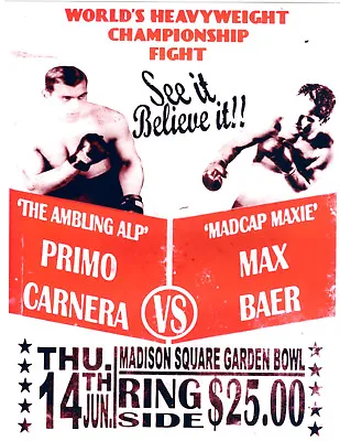 Primo Carnera Max Baer Heavyweight Championship  Poster Glossy Msg New York • $5.95
