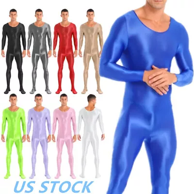 US Mens Glossy Jumpsuit Full Bodysuit Long Sleeve Leotard Bodystocking Shapewear • $15.59