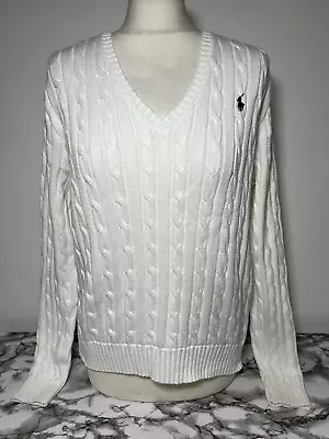 Polo Ralph Lauren V Neck White Jumper XL Cable Knit Womens  • £38.99