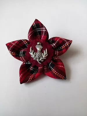 RED ( ROYAL STEWART) TARTAN FABRIC BROOCH. SILVER THISTLE. 7cm  • £5.99