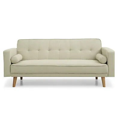 3 Seater Sofa Bed Cream New Foam Fabric Wood Legs Double Bed With 2 Cushions • £280.98
