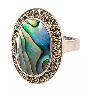 Vintage ND Sterling Silver Colorful Abalone & Marcasite Ring Sterling 925 Size 7 • $35