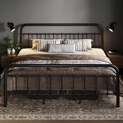 King Size Metal Platform Bed Frame With Victorian Style Wrought Iron-Art Headboa • $396.99