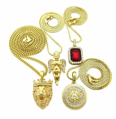 Iced Hip Hop King Lion & Angel & Ruby & Medusa Pendant & Box Chains Necklace Set • $48.99