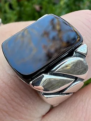 Real 925 Sterling Silver Natural Black Onyx Gemstone W. Miami Cuban Design Ring • $46.24