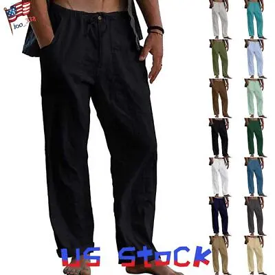 Men's Cotton Linen Loose Pants Straight Leg Elastic Waist Casual Baggy Trousers • $21.09