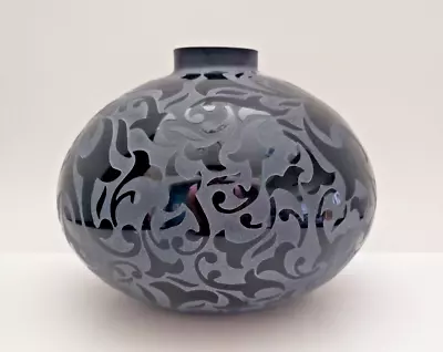 Michael Weems Etched Charcoal Black Glass Vase Bowl  Elise Pattern Signed 2005 • $74.95