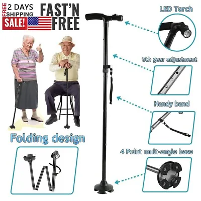 Folding Walking Cane For Seniors Men & Women With Non-Slip T Handle And LED • $14.99