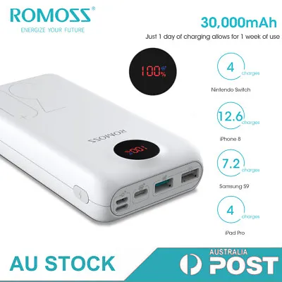 $43.99 • Buy ROMOSS 30000mAh Power Bank 18W 2-Way USB-C QC3.0 PD Fast Charging Charger 3USB