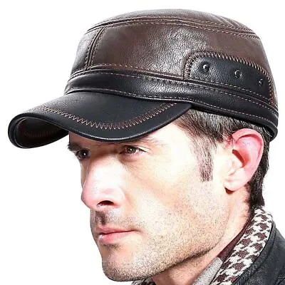 Leather Men's Baseball Cap Winter Hat Ear Muffs Warm Cold Outdoors Thick Hat • £12.15