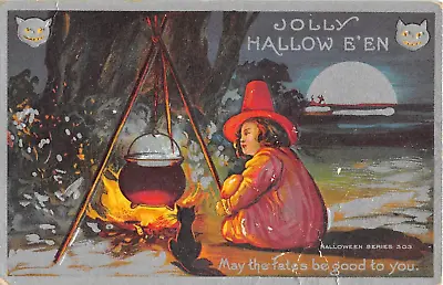 1910 Girl Witch Watching Boiling Kettle Jolly Halloween Post Card • $40