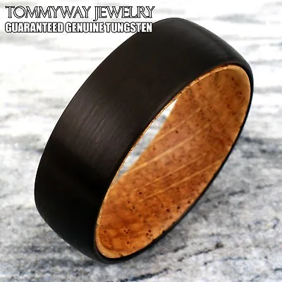 8mm Black Tungsten Carbide Men's Whiskey Barrel Oak Wood Wedding Band Ring • $14.99