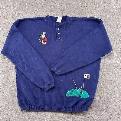 VINTAGE Disney Sweater Mens Large Blue Acrylic Knit Henley Mickey Mouse Golf 90s • $14.97