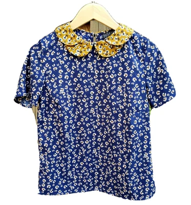 $13.99 • Buy SUGARHILL BOUTIQUE Sz 2 XS Peter Pan Collar Top Blouse Floral Print Navy Blue