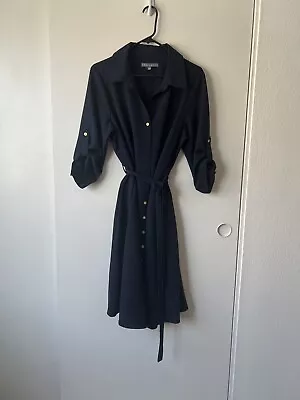 Sharagano Shirt Dress Women's 14 Navy Blue 3/4 Sleeve Roll Tab • $15