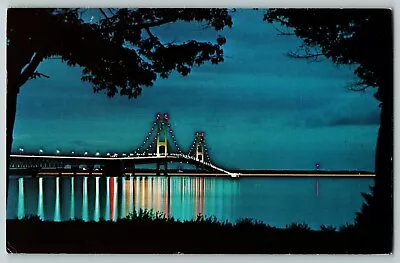 Vintage Mackinac Bridge At Night Reflections Viewed From Shore Michigan Postcard • $4.45