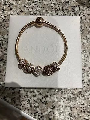 $133.17 • Buy Pandora Stunning Rose Gold Moments Snake Chain Charm Bracelet With Charms 18cm