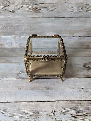 Vintage Jewelry Casket Trinket Box Ormolu Gold Filigree Beveled Glass  • $59