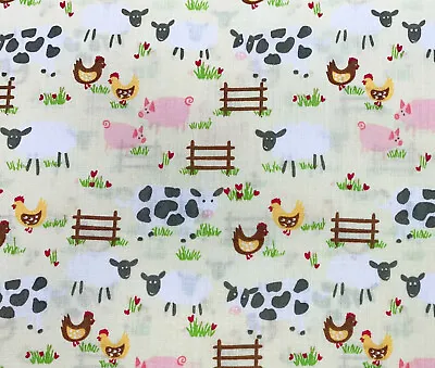 Childrens Fabric - Farm Animals On Cream - Polycotton Craft Fabric Material • £3.99