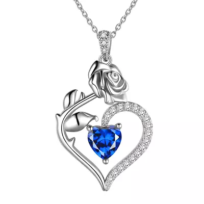 925 Sterling Silver Heart Rose Birthstone Necklace Fine Jewelry Elegant Pendant • $43.32