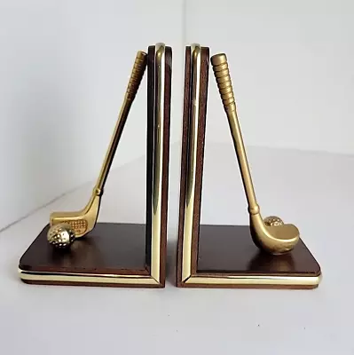 Vtg Golf Club & Ball Wood Bookends W/Gold Edging By House Of Lloyd 1990 - 5¾ H • $32