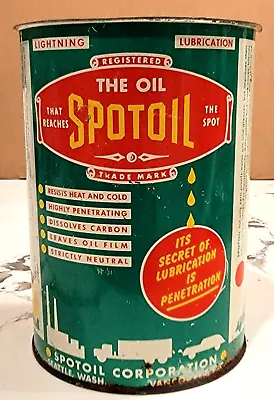 Vintage SPOTOIL 1 Qt Oil Can   It's SECRET Of LUBRICATION Is PENETRATION   Quart • £17.42
