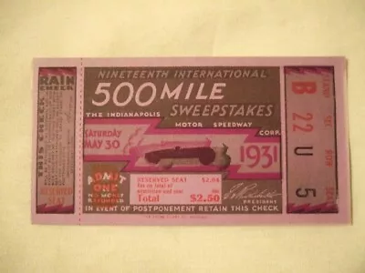 1931 Indianapolis 500 Ticket Stub • $499.50