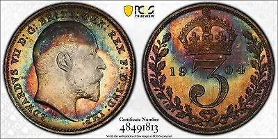 PL66 1904 Great Britain Maundy Silver 3 Pence PCGS Trueview- Rainbow Toned • $200
