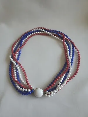 Multi Strand Necklace Red White Blue 4th Of July Style 60s 70s Large White Clasp • $14.95