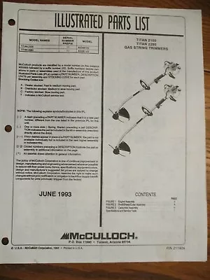 Used Mcculloch Titan 2100 2250 String Trimmer Parts List June 1993 • $8.65
