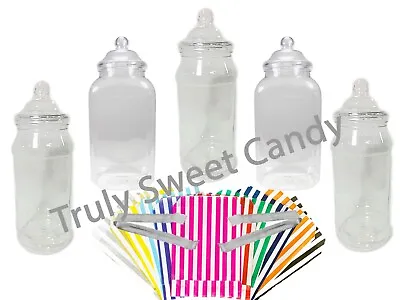 Plastic Sweet Jars 5 X 1L 2 Tongs 50 Bags Candy Buffet Party Wedding Birthday • £12.99