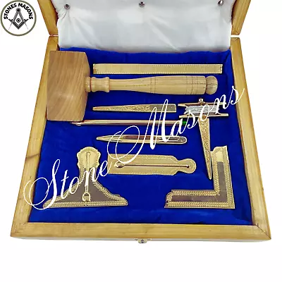 Masonic Working Tools Set Real Gold Plated Standard Full Size Natural Wooden Box • £241.11