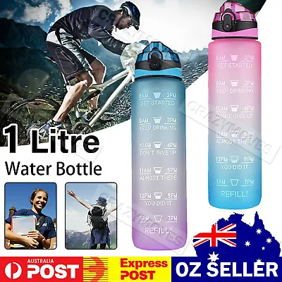 1L Water Bottle Motivational Drink Flask Time Markings BPA Free Sport Gym VIC • $14.89