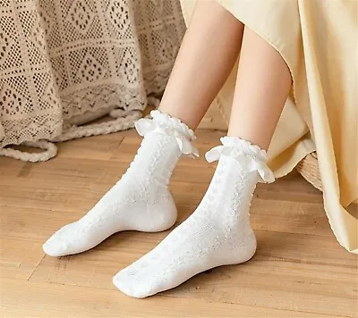 Women Tween Girl Ruffle Frilly Lace Trim Creamy White Or Black Dress Short Socks • $10.50