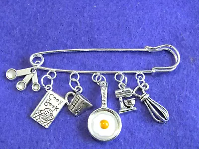 Silver Bake/cook Theme Brooch-pin With 6x Silver Charms New-80mm Large Pin- • £3.49