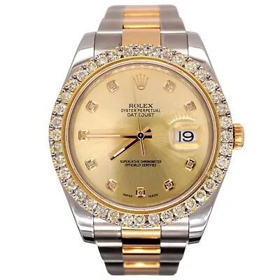 Rolex Men's Datejust 41mm 18k Gold & Steel Iced 3ct Diamonds Gold Dial 116333 • $13999