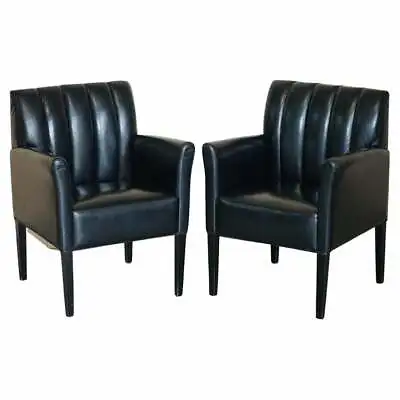 Pair Of Restored Art Deco Mid Century Modern Style Fluted Back Leather Armchair • $1182.85