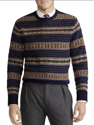Polo Ralph Lauren Navy Multi Fair Isle Wool Crewneck Pullover Sweater Mens L • $60